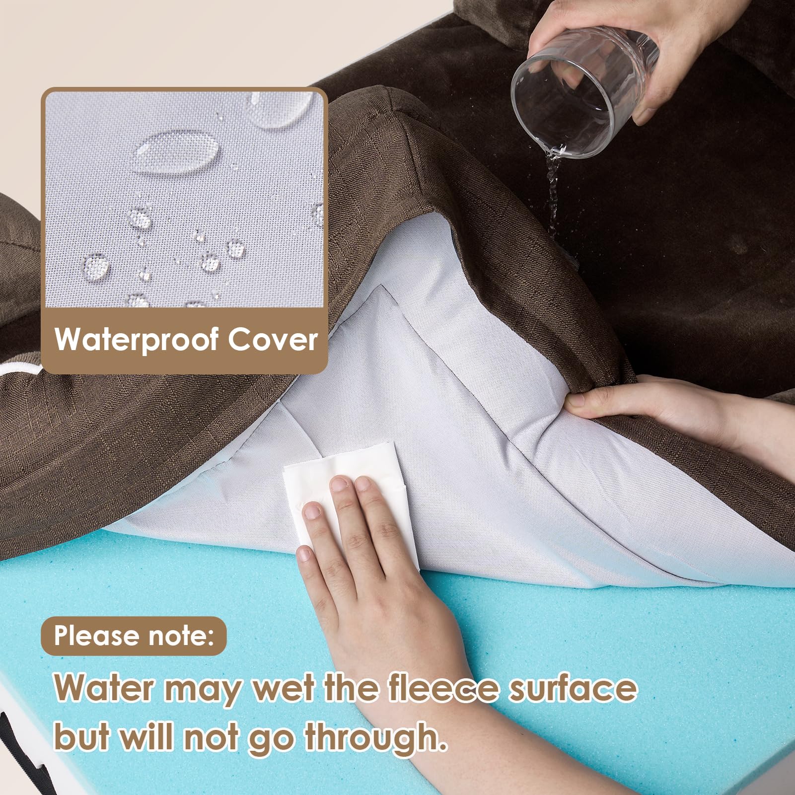 EHEYCIGA orthopedic XL dog bed shows waterproof film protecting foam from spills.