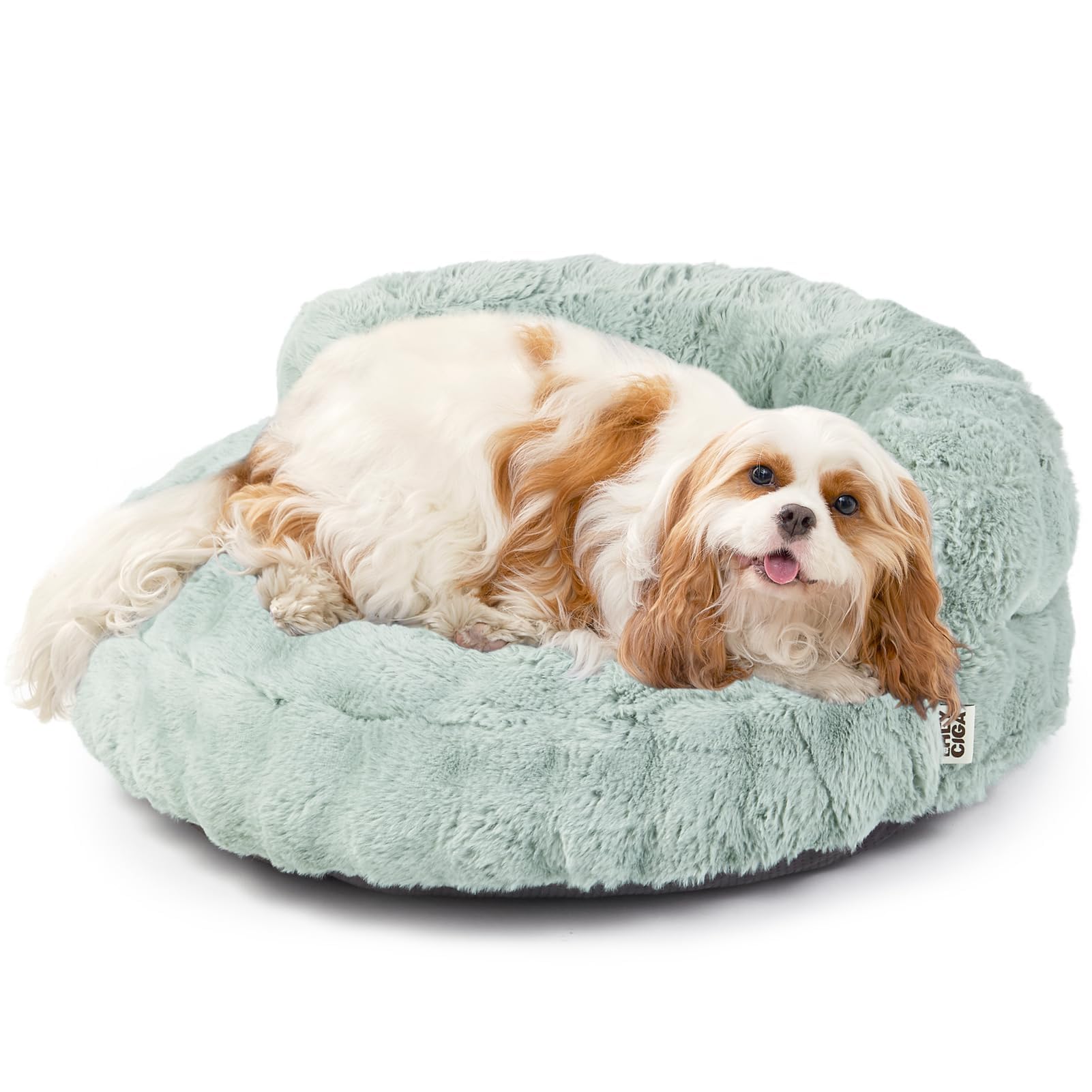 EHEYCIGA small dog bed sage green front view with plush faux rabbit fur for cozy naps.
