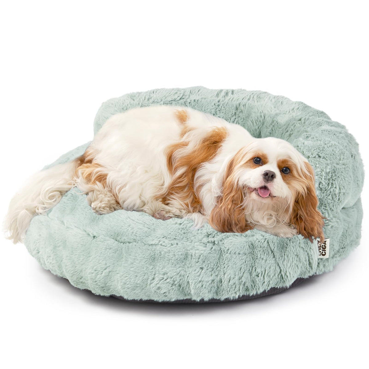 EHEYCIGA small dog bed sage green front view with plush faux rabbit fur for cozy naps.