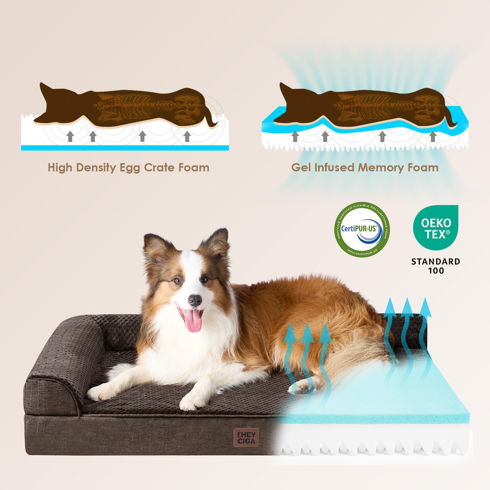 EHEYCIGA bed features soft flannel surface for cozy lounging and breathable side.