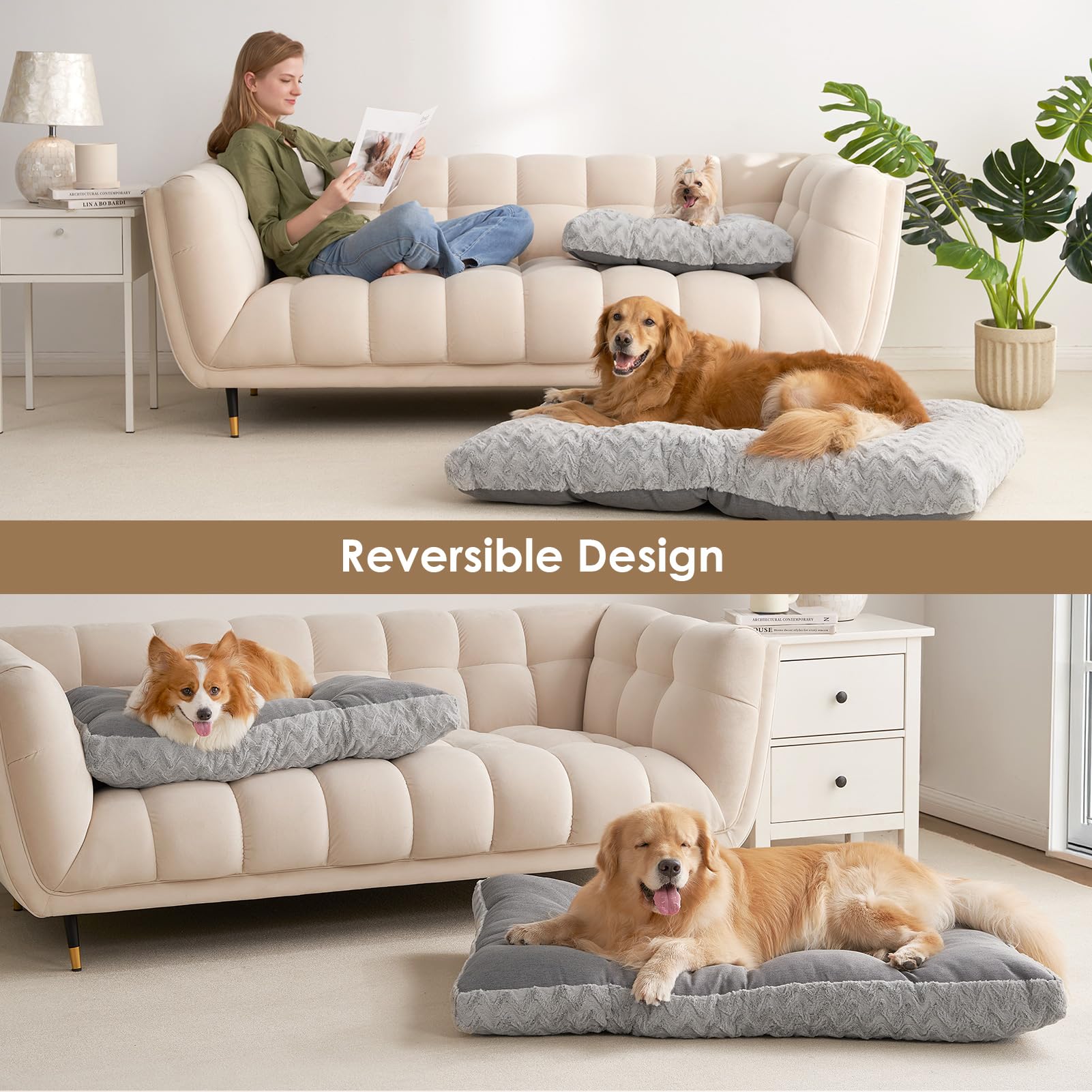 EHEYCIGA kennel-fit image demonstrates versatile use in crates and standalone beds