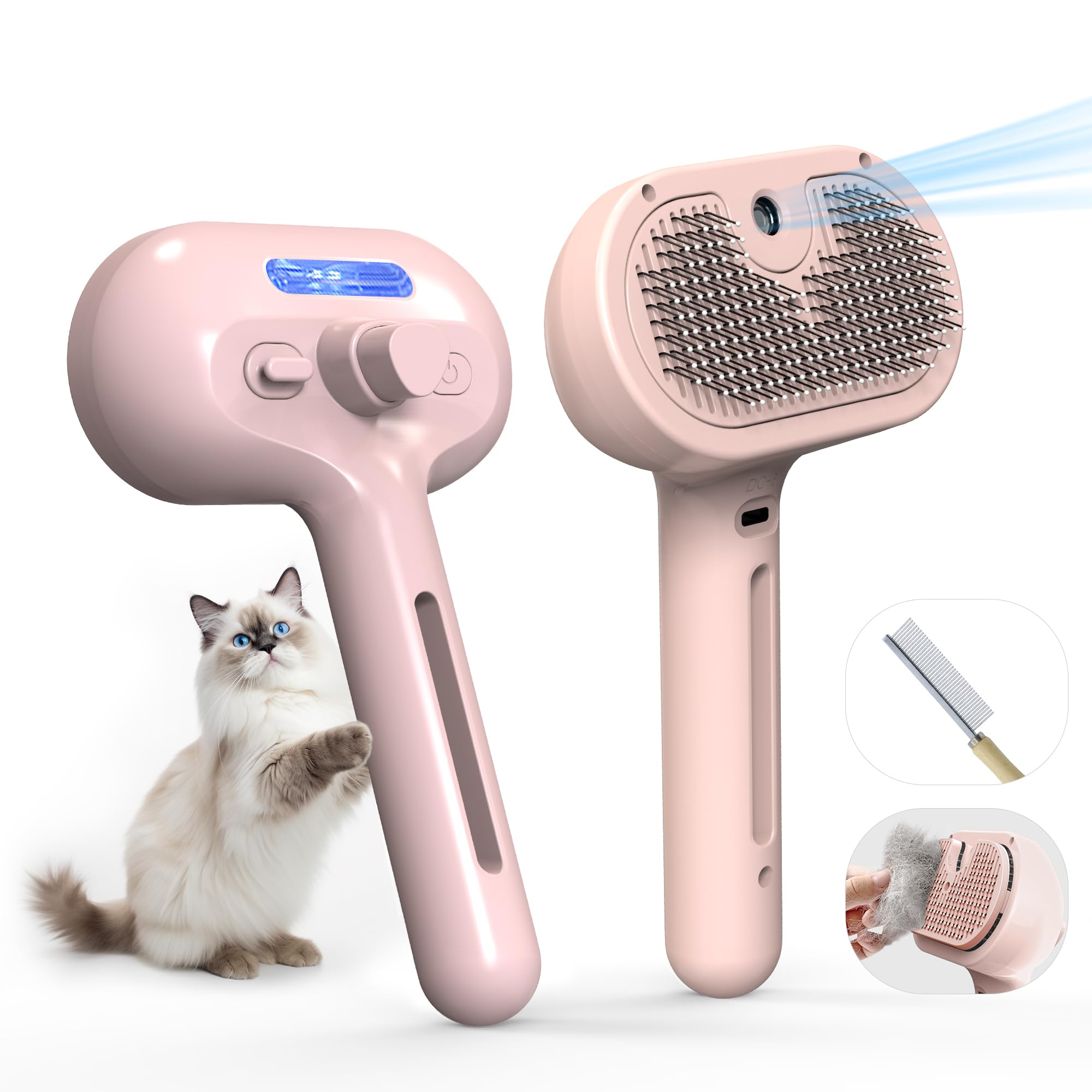 Eilimy Pet Grooming Brush with Electronic Mist Spray ready for gentle deshedding and fur hydration.