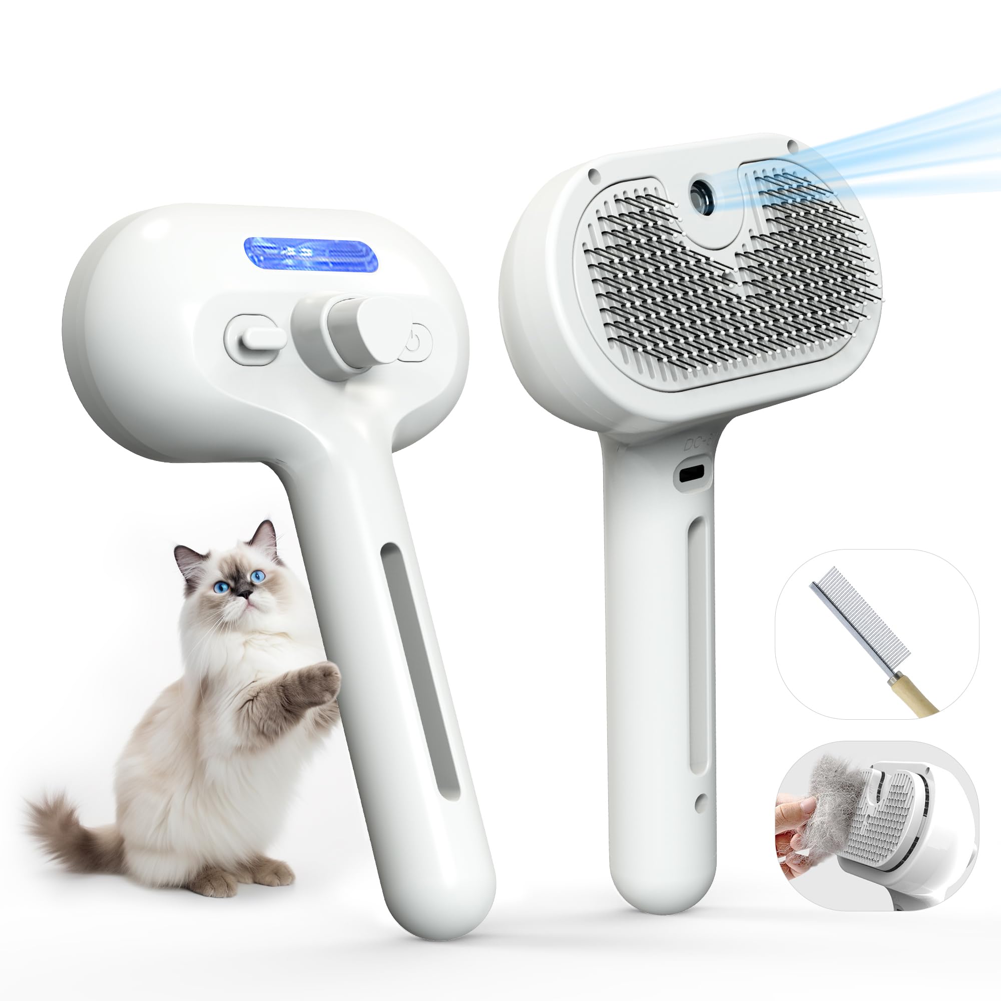 Eilimy Pet Grooming Brush with electronic mist spray close-up for gentle detangling