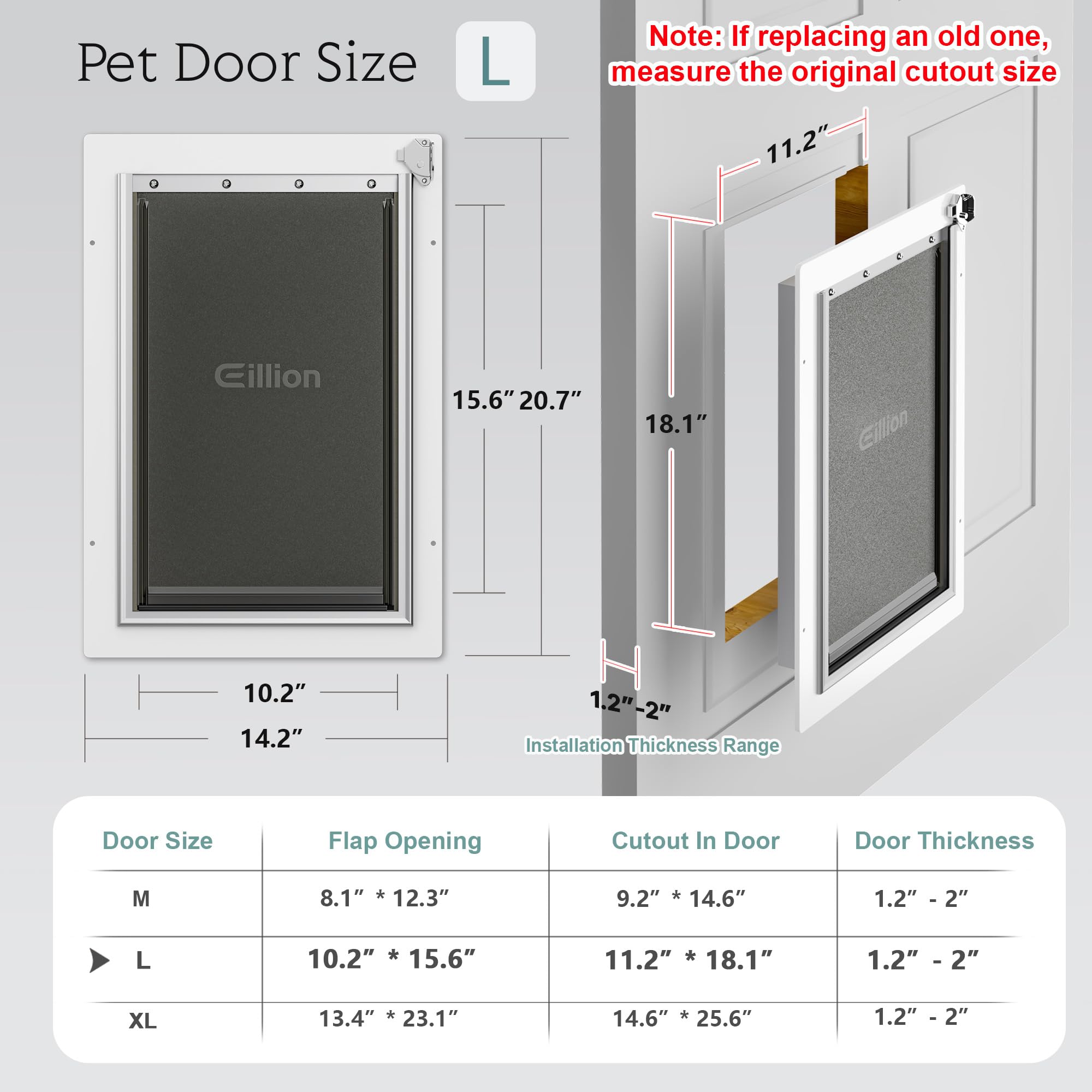 Eillion dog door accommodates pets up to 100 lbs for versatile use.