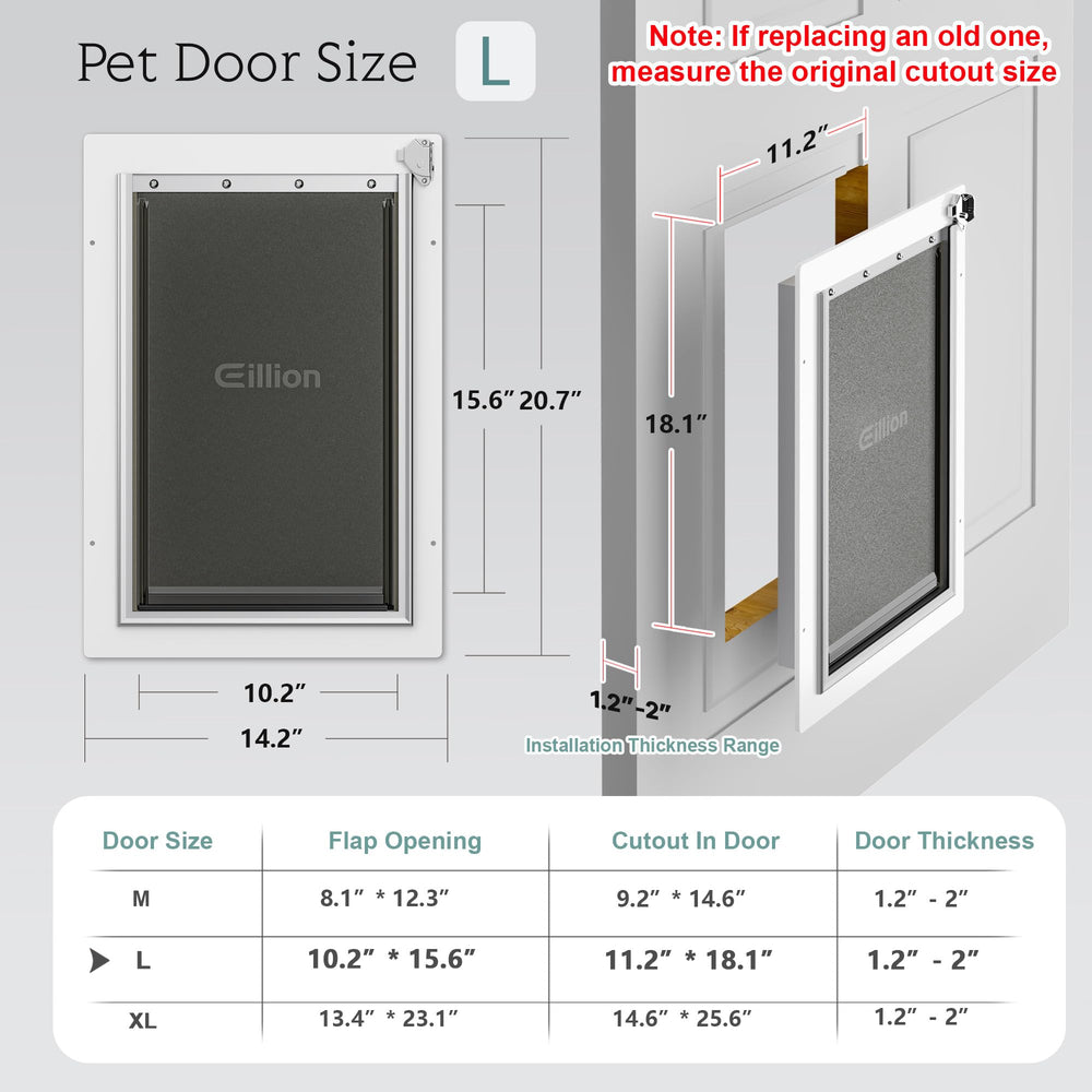 Eillion dog door accommodates pets up to 100 lbs for versatile use.