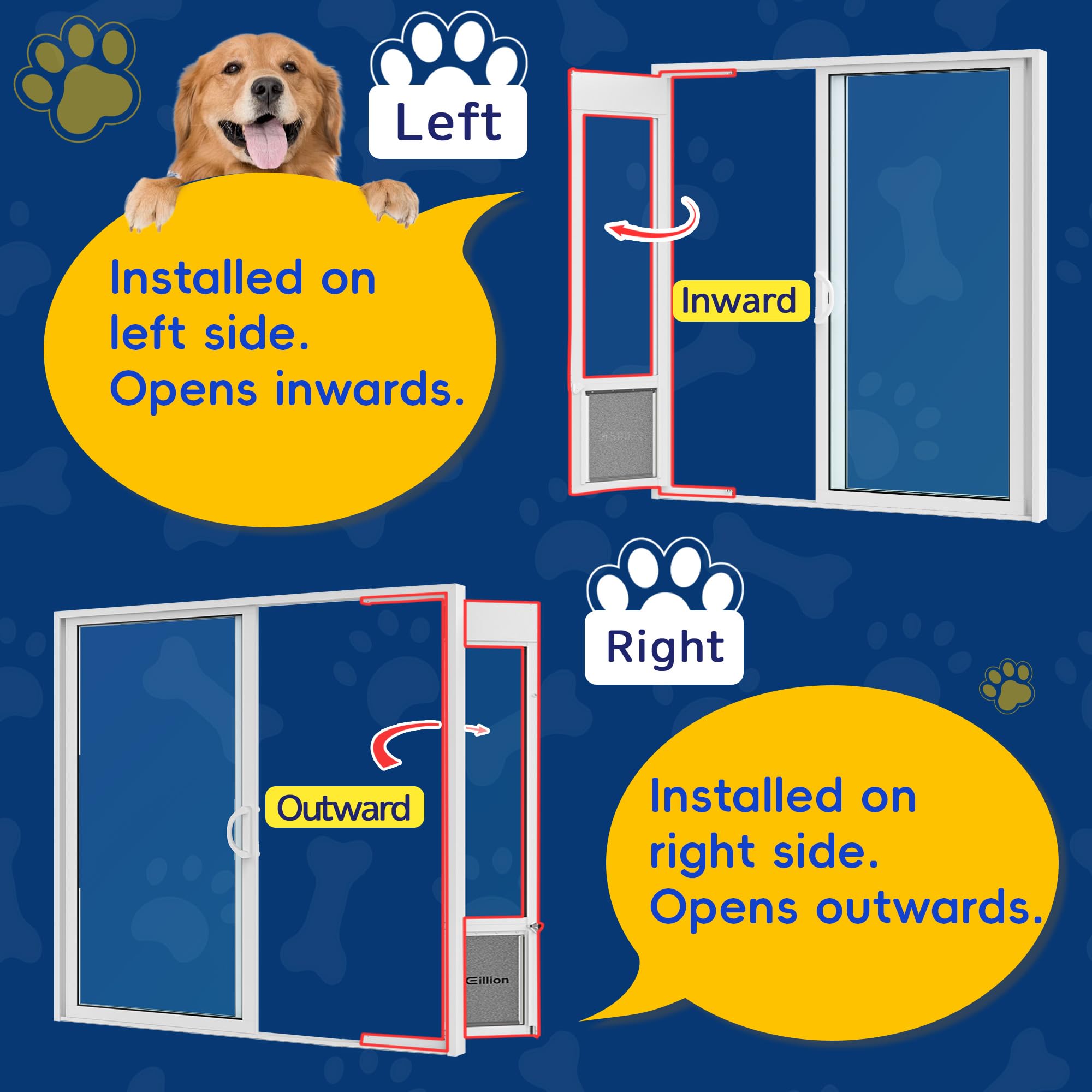 Eillion dog door shows semi-transparent flap offering clear pet view.