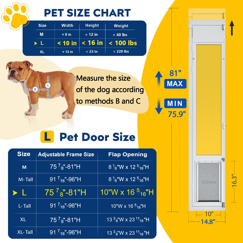 Eillion large dog door height-adjustment shows 75 7/8 to 81 inches range