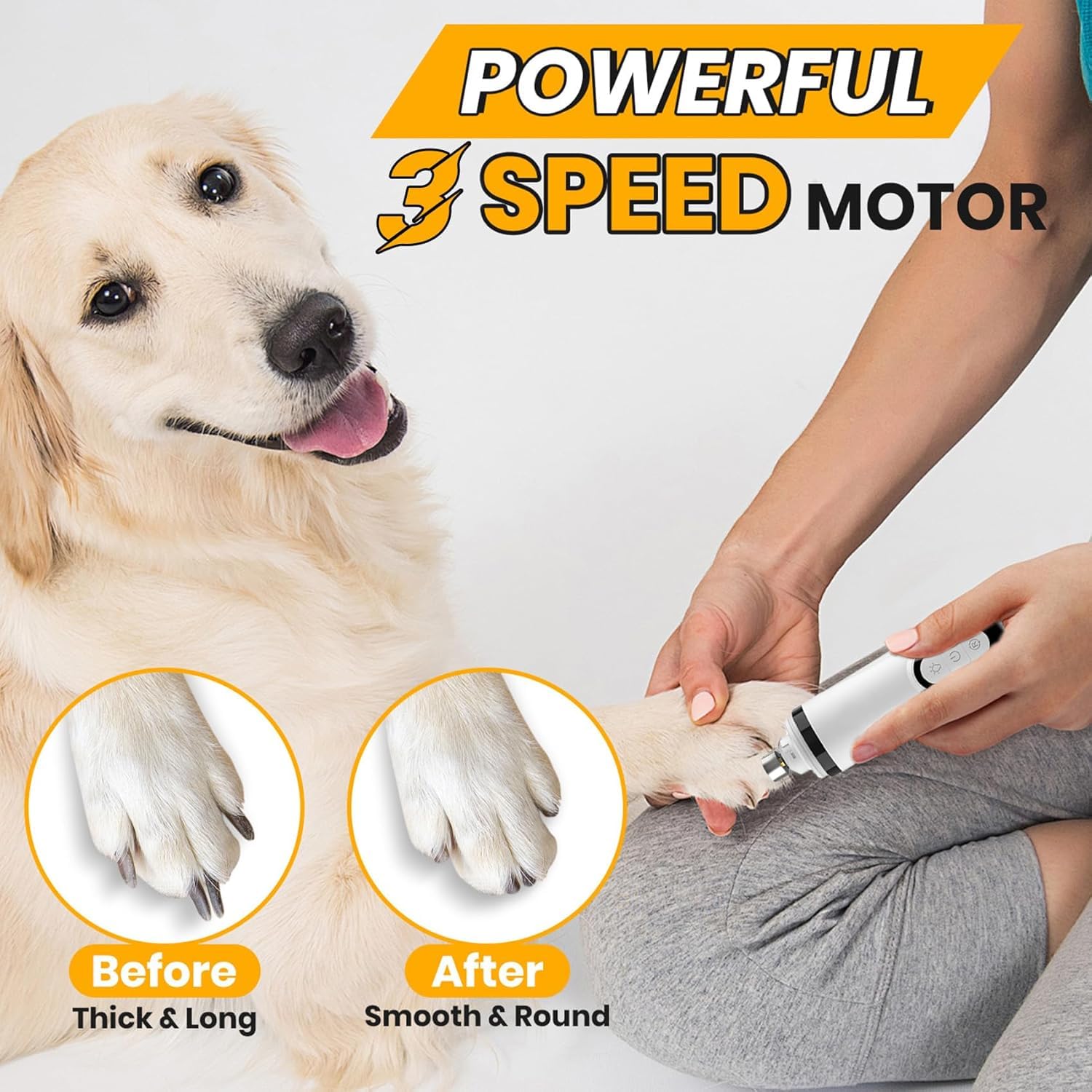 EISNZLAN Nail Grinder low-vibration motor image shows calm grooming for anxious pets