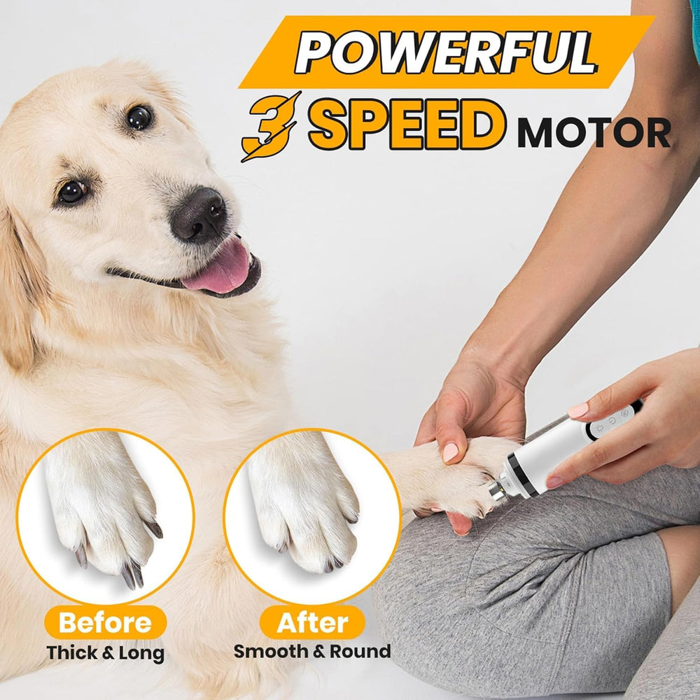 EISNZLAN Nail Grinder low-vibration motor image shows calm grooming for anxious pets