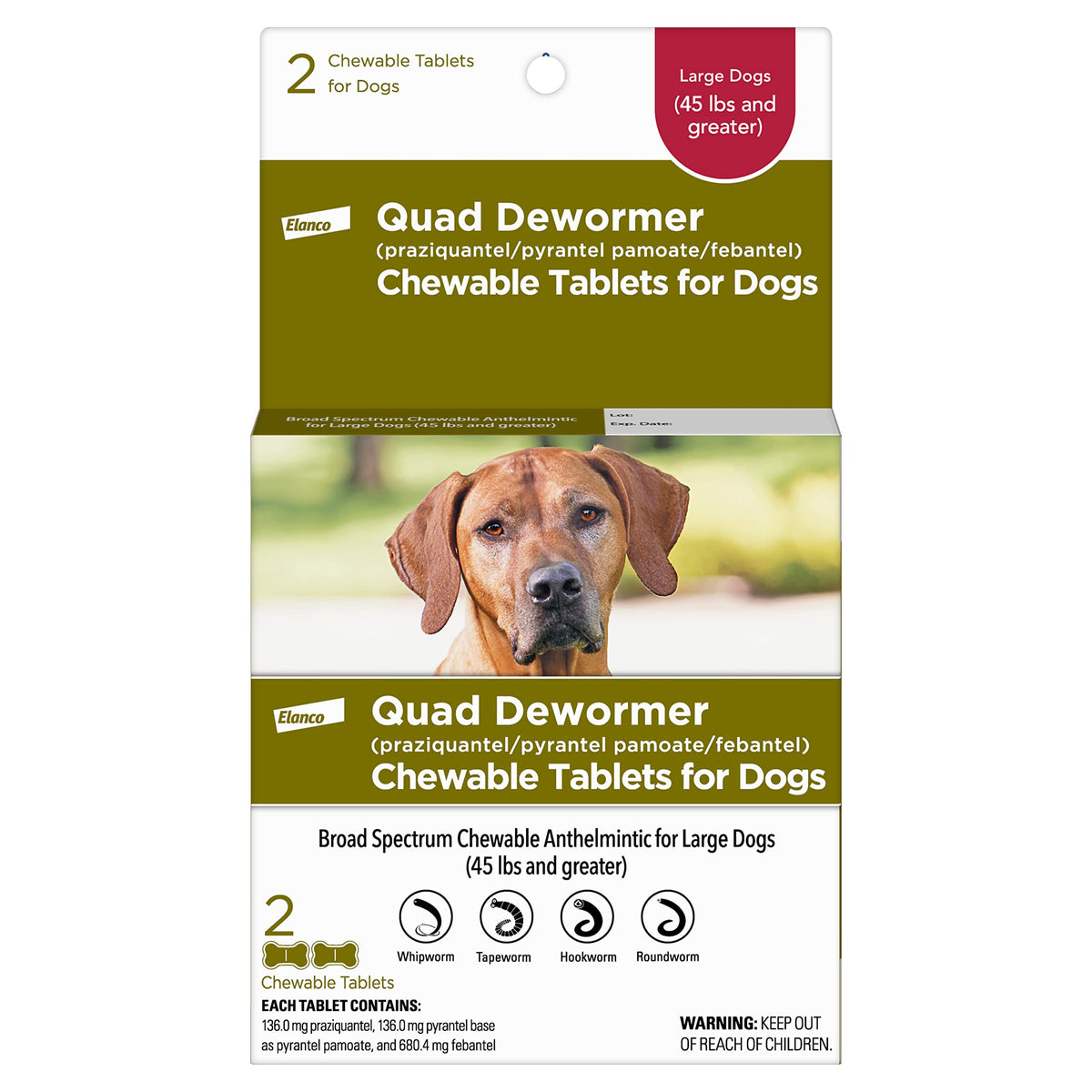 Elanco Quad Dewormer packaging for large dogs highlights easy dosing