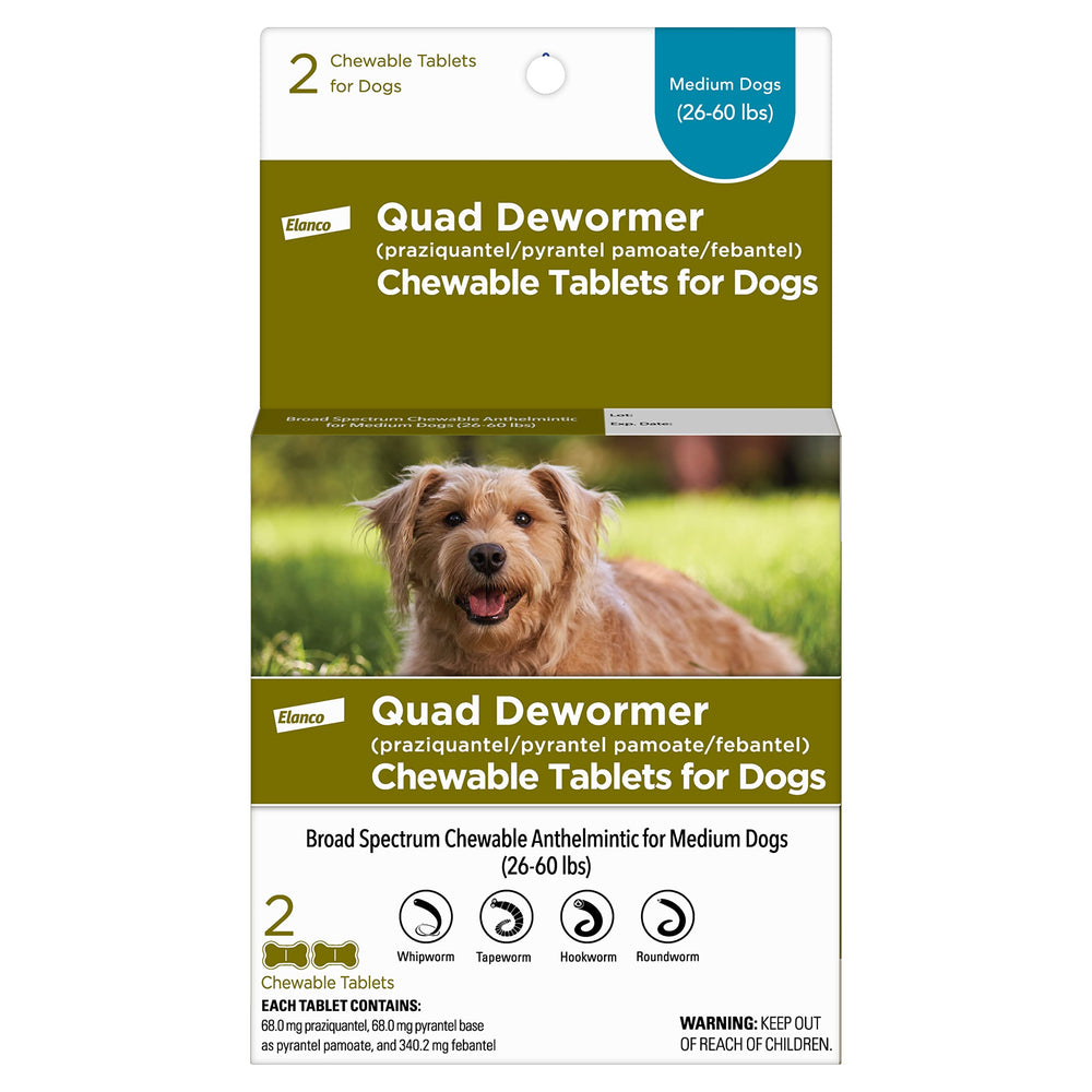 Elanco Quad Dewormer packaging with two beef-flavored chews for medium dogs, enabling easy at-home dosing.