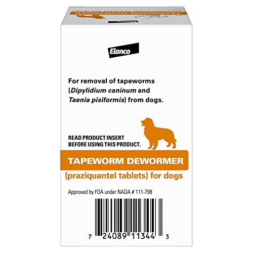 Elanco Tapeworm Dewormer bottle packaging showing a five-count supply for dogs.