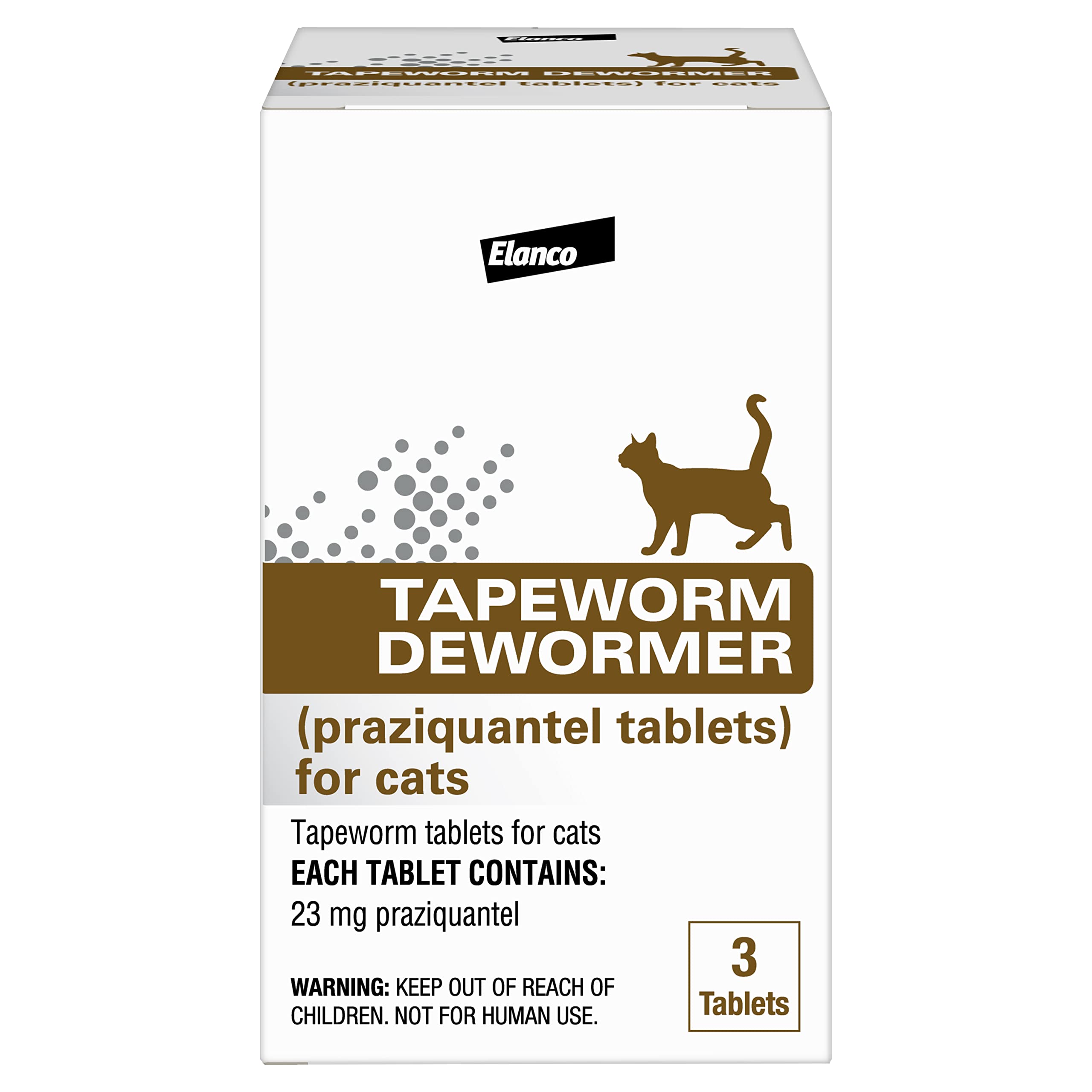 Elanco Tapeworm Dewormer 3-count bottle shown for at-home feline parasite management.