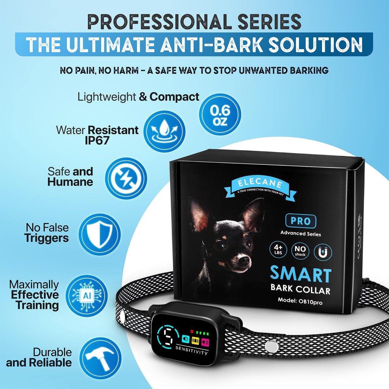 ELECANE bark collar displaying beep, vibration, and combined modes for training.