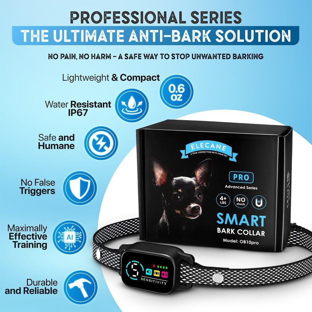 ELECANE bark collar displaying beep, vibration, and combined modes for training.