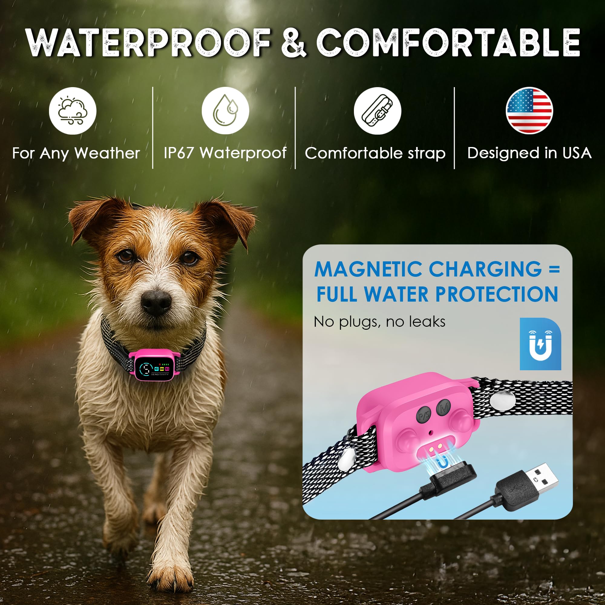 ELECANE IP67 waterproof collar withstands rain and splashes.