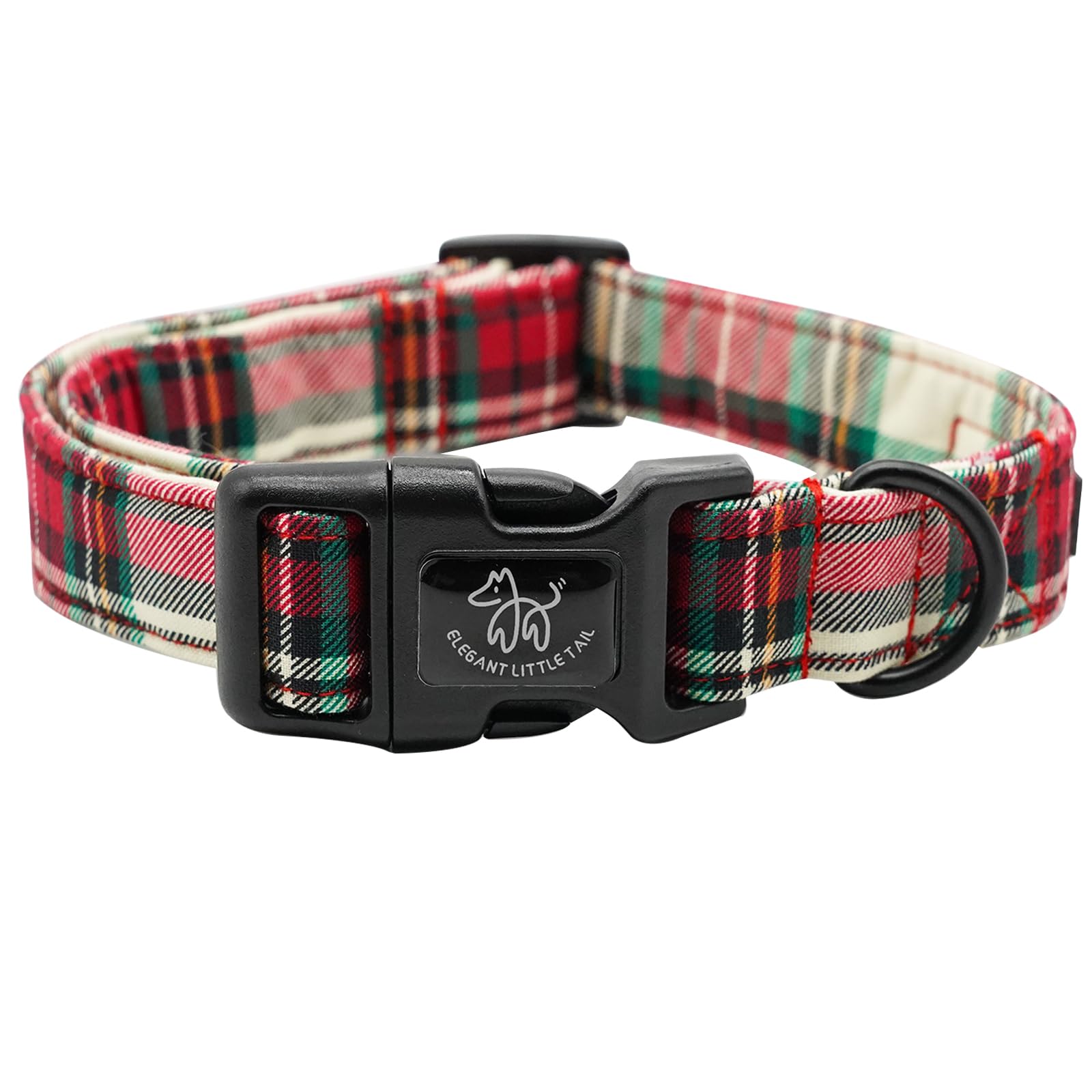 Elegant Little Tail Christmas dog collar close-up shows red plaid for festive styling