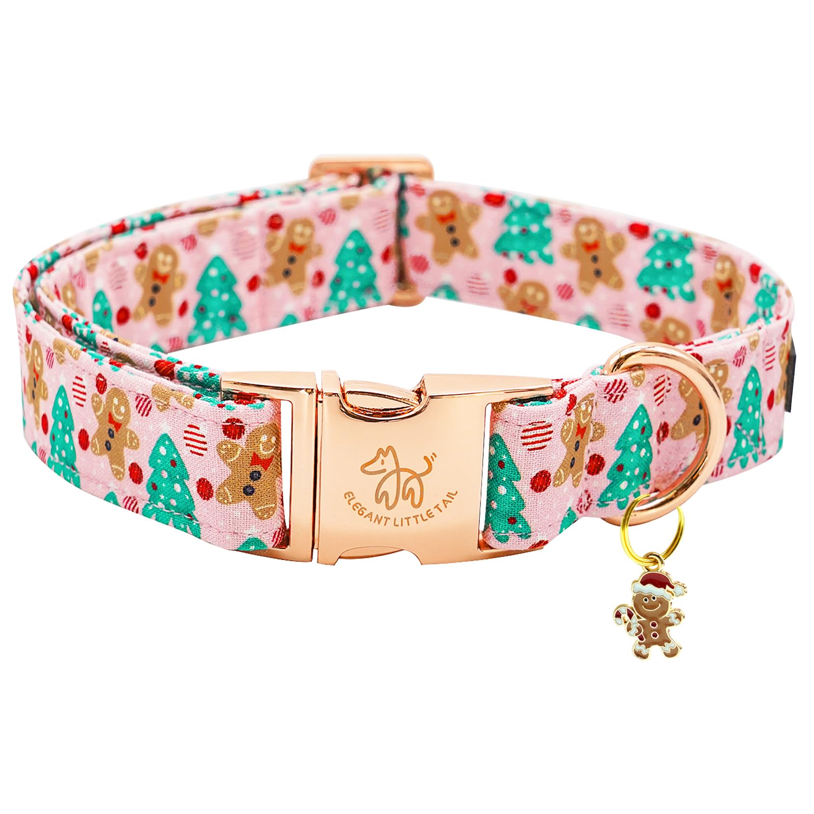 Elegant little tail Christmas dog collar pink-gingerbread-man front view highlights soft cotton comfort