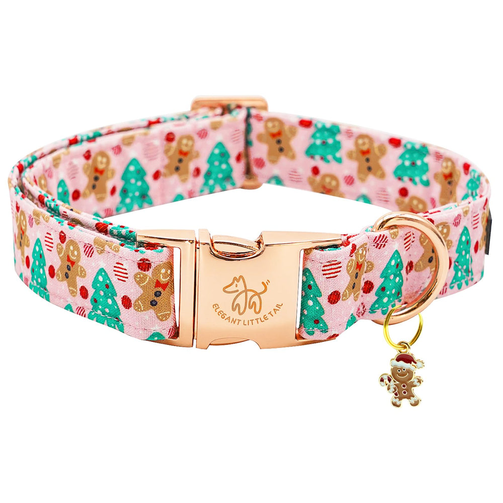 Elegant little tail Christmas dog collar pink-gingerbread-man front view highlights soft cotton comfort