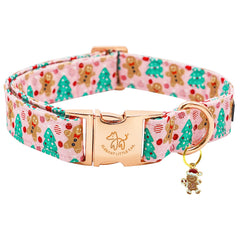 Elegant little tail Christmas dog collar pink-gingerbread-man front view highlights soft cotton comfort