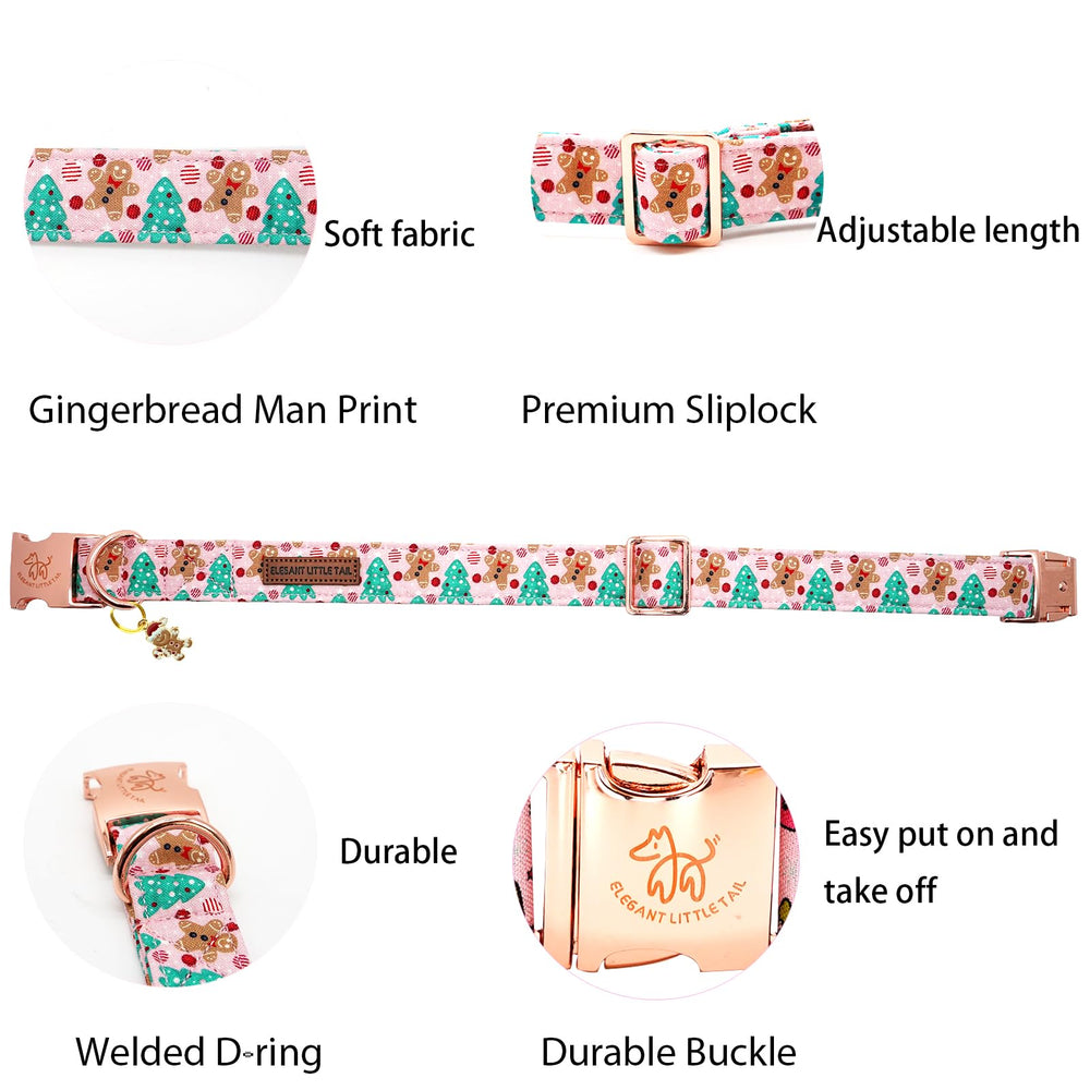 Elegant little tail Christmas dog collar pink-gingerbread-man side view shows festive charm