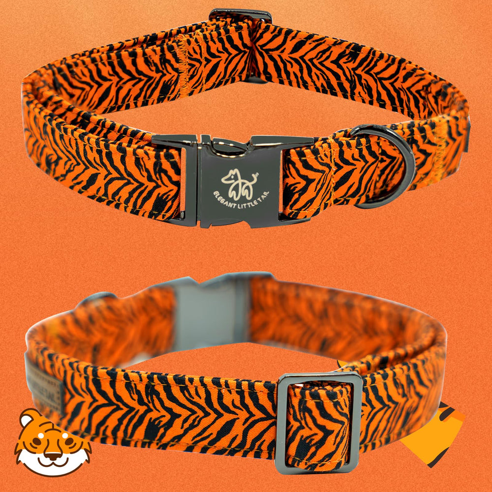 Elegant Little Tail Elegant Tiger Print Collar welded D-ring closeup for durable leash attachment