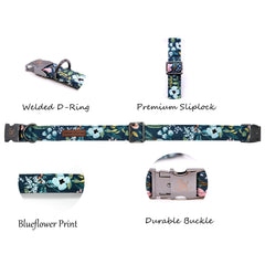 Elegant little tail floral dog collar side view, breathable fabric and secure fit.