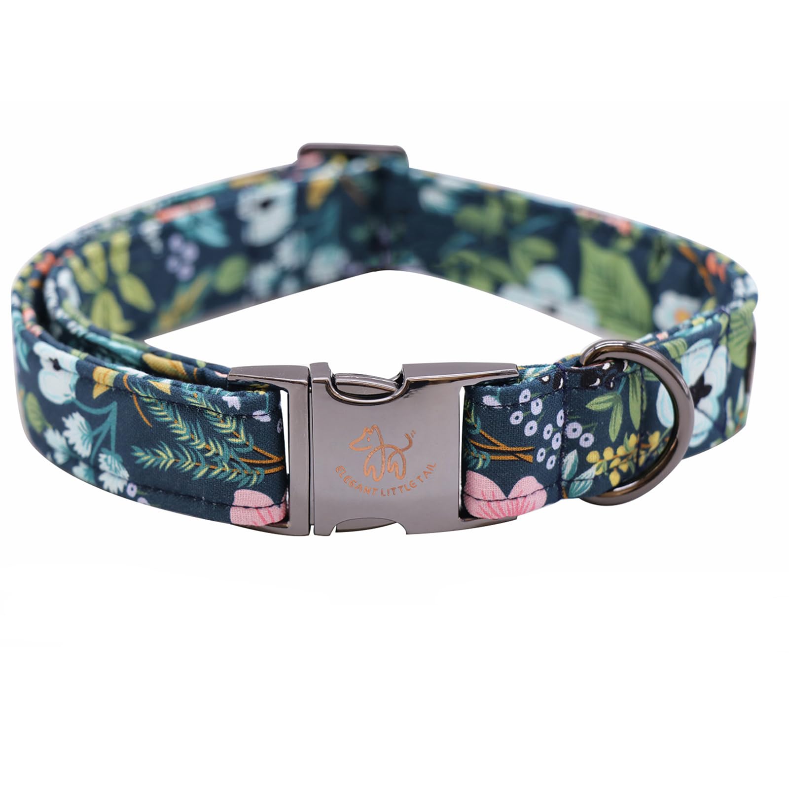 Elegant little tail floral dog collar close-up, durable dark-blue fabric for daily wear.