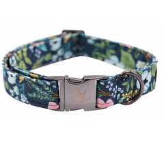 Elegant little tail floral dog collar close-up, durable dark-blue fabric for daily wear.