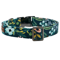 Elegant little tail floral dog collar welded D-ring detail showing sturdy attachment points.