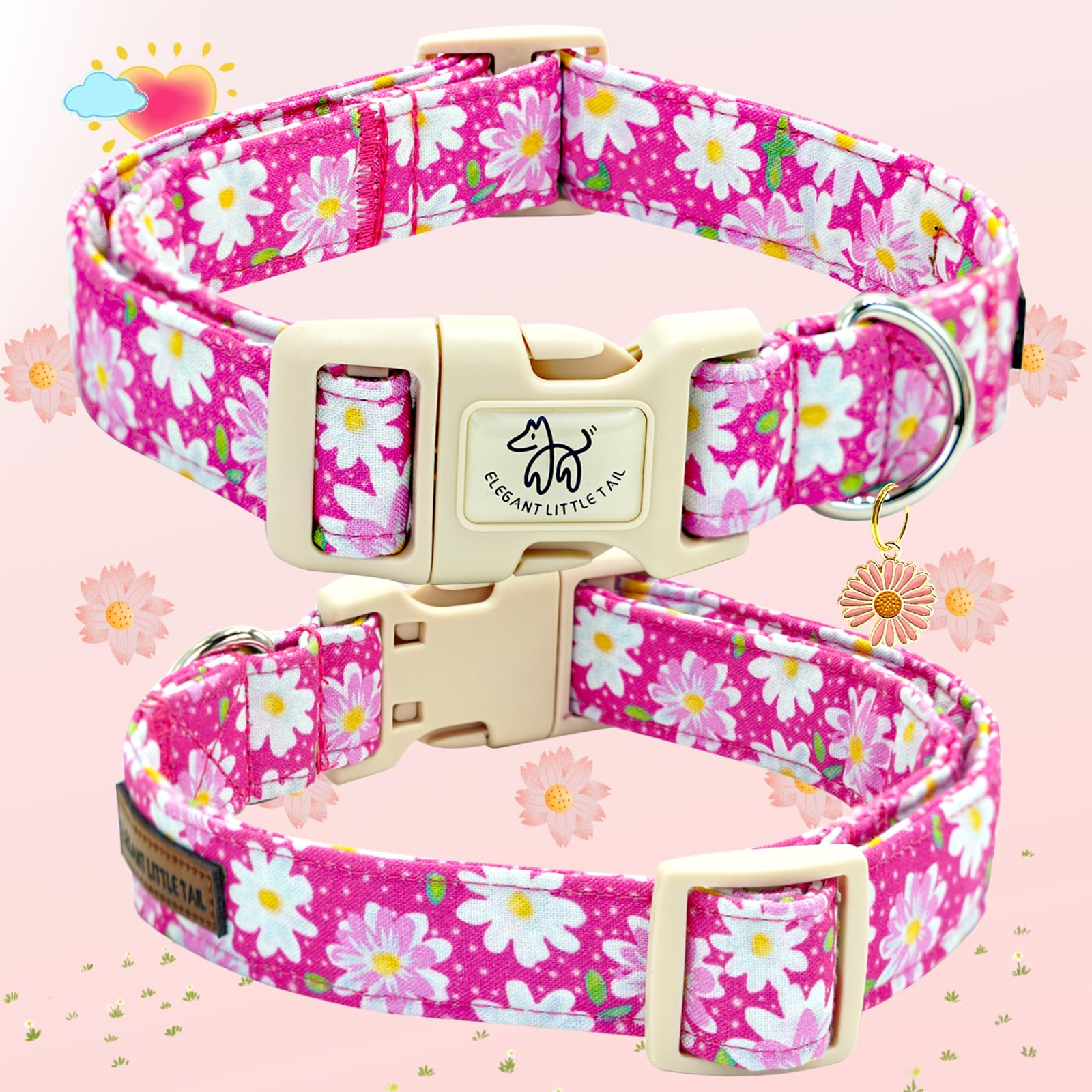 Elegant little tail pink floral dog collar cotton material emphasizes breathable comfort