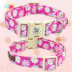 Elegant little tail pink floral dog collar cotton material emphasizes breathable comfort