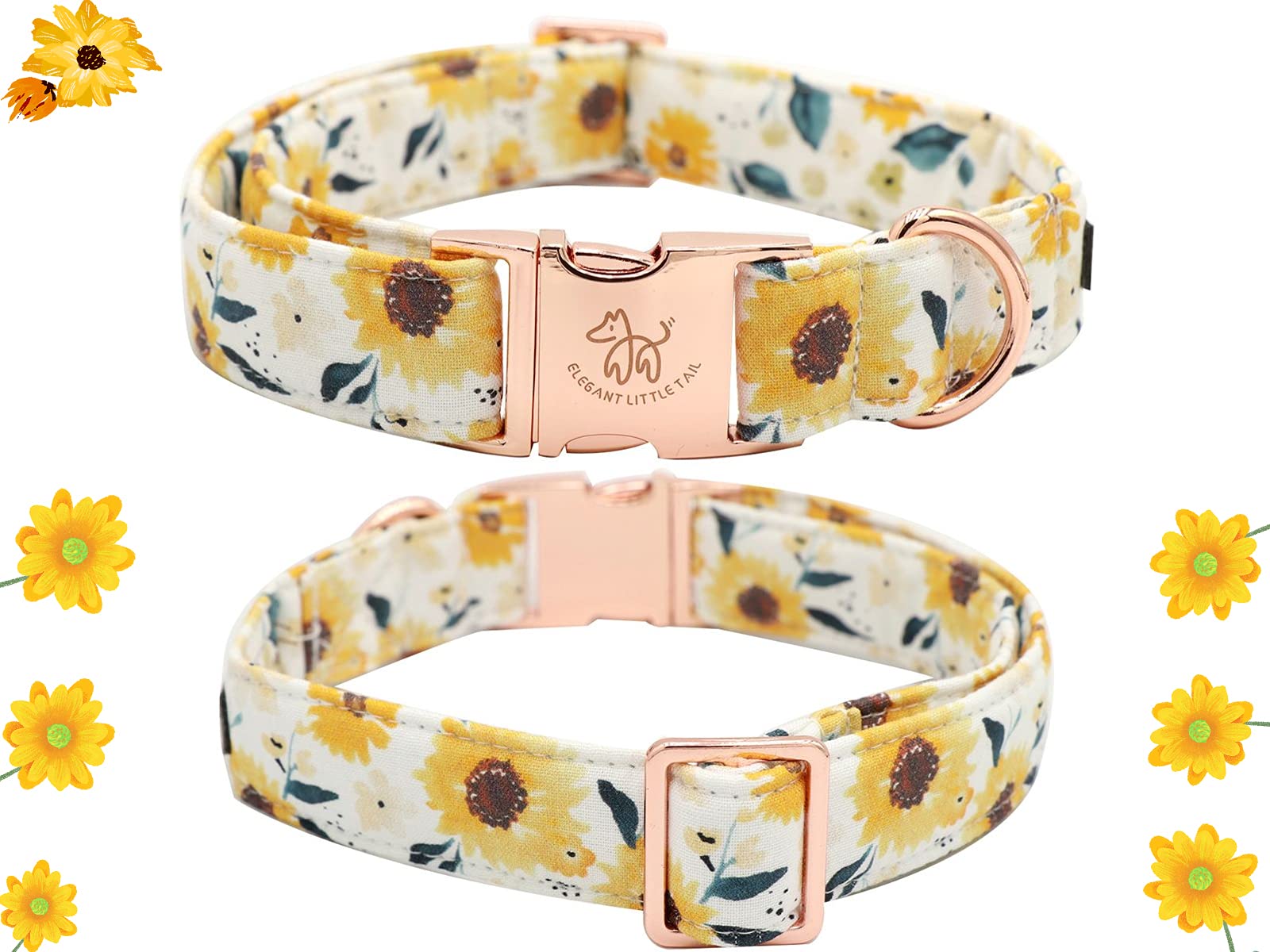 Elegant little tail sunflower collar on dog demonstrates cheerful pattern and comfortable wear.