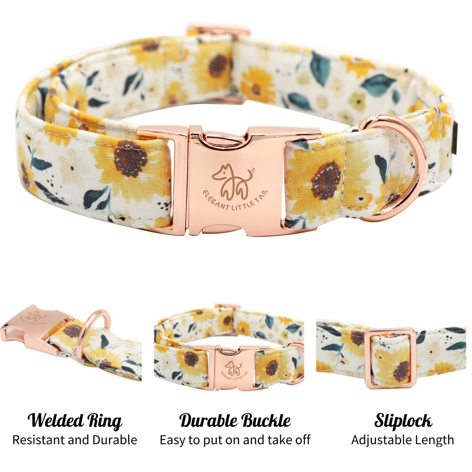 Elegant little tail sunflower collar side view with adjustable sizing for a secure fit.