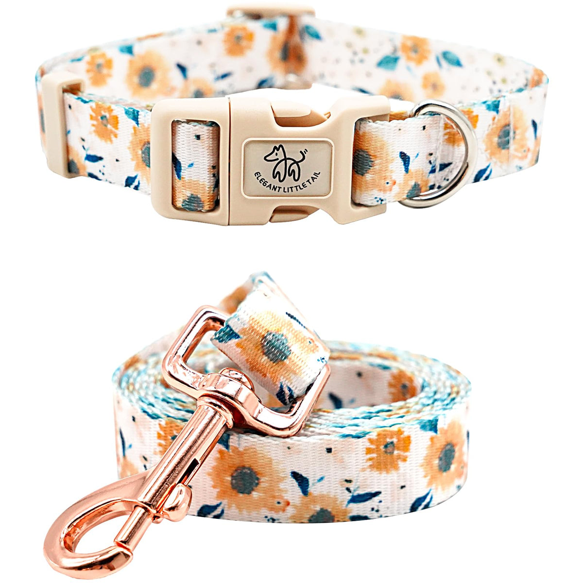 Elegant Little Tail sunflower collar highlights durable fabric and cheerful spring style.