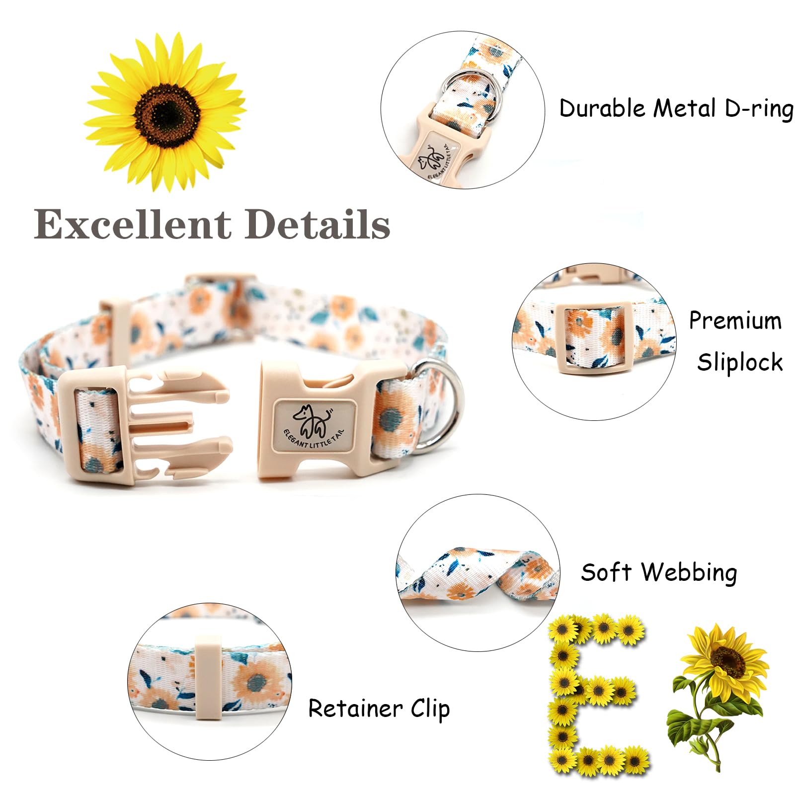 Elegant Little Tail sunflower leash provides smooth handling for daily walks.