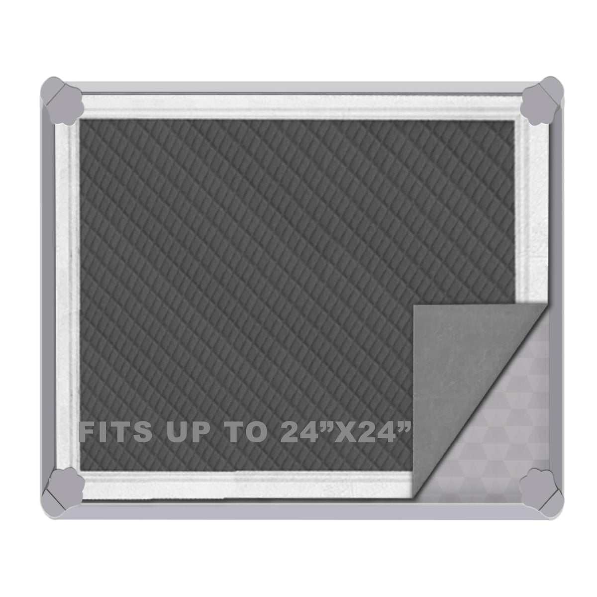 ELEGX pee pads tray 24x24 overview highlighting leak-proof raised edge for clean floors.
