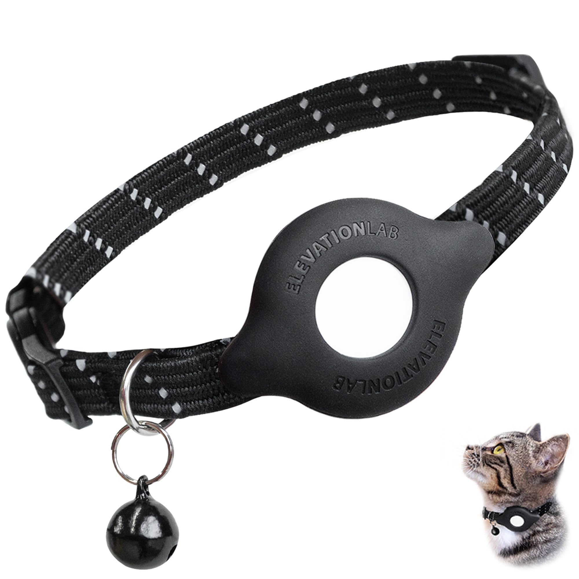 Elevation Lab TagVault AirTag Cat Collar Breakaway black front view; secure fit for indoor and outdoor use.