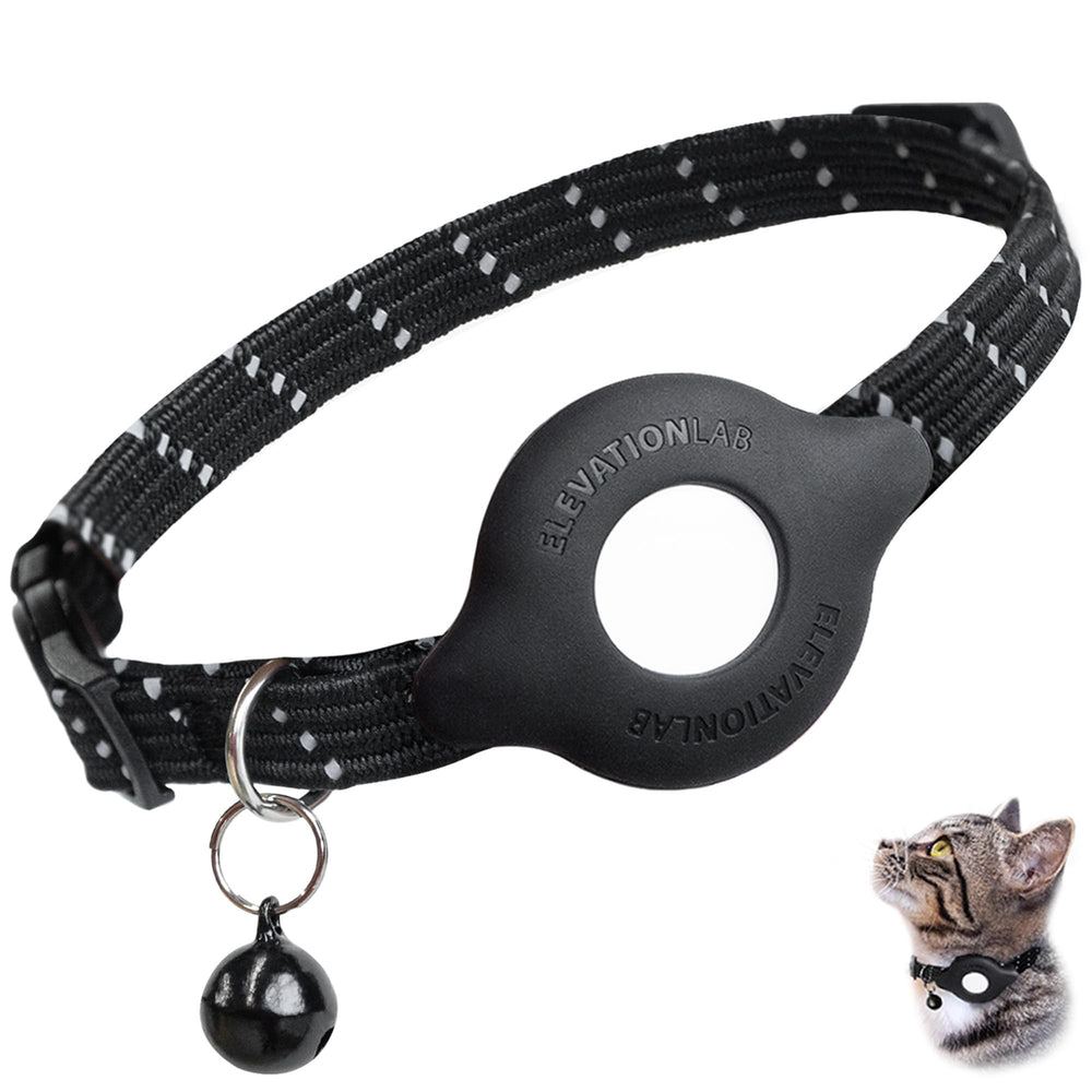 Elevation Lab TagVault AirTag Cat Collar Breakaway black front view; secure fit for indoor and outdoor use.
