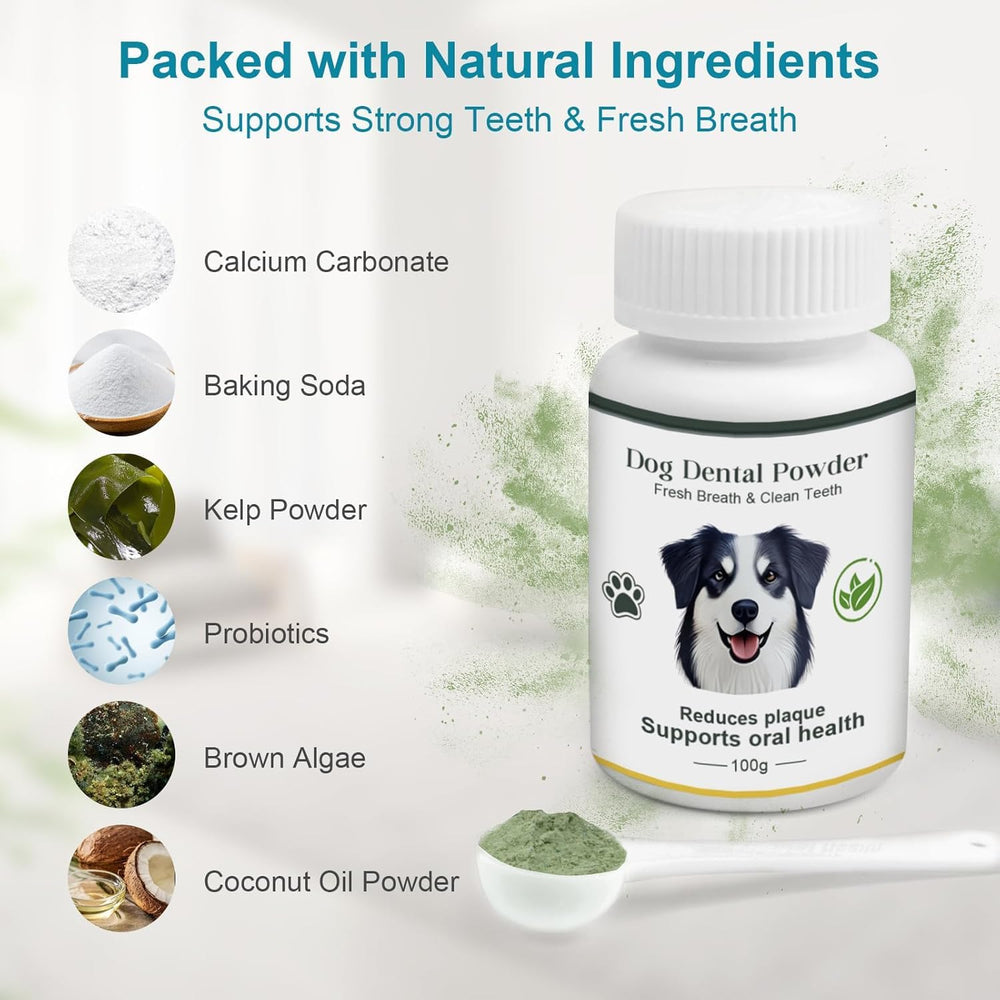 ELEVTC dog dental powder bottle close-up emphasizes vet-trusted dental support