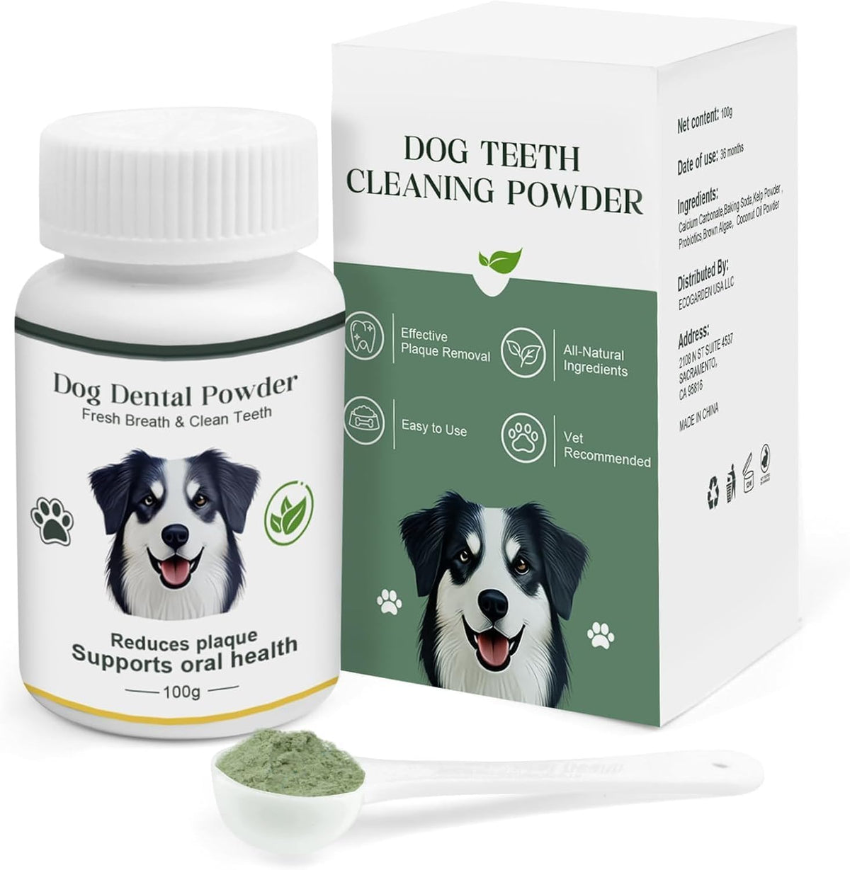ELEVTC dog teeth cleaning powder jar highlights natural formula reducing plaque and tartar