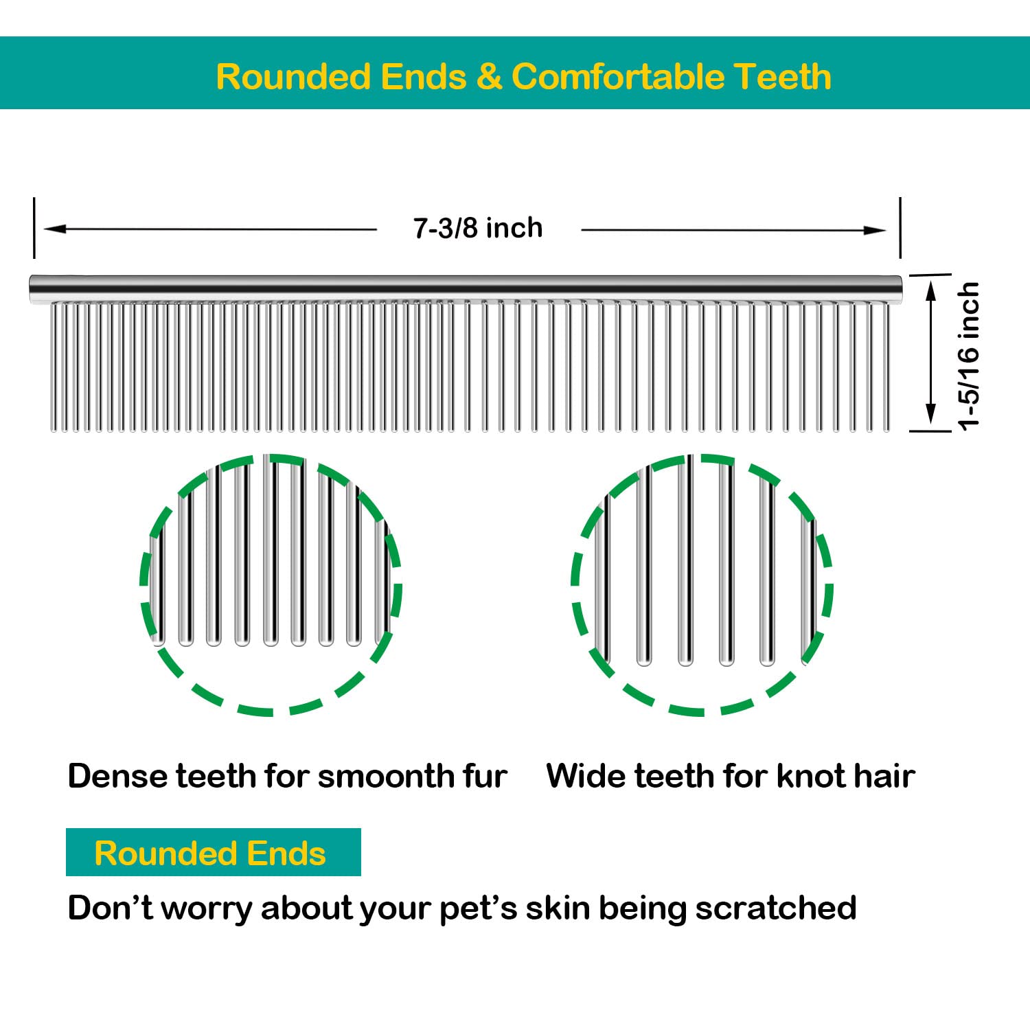 Elfirly stainless steel comb with dense and sparse teeth for knot-free coats.