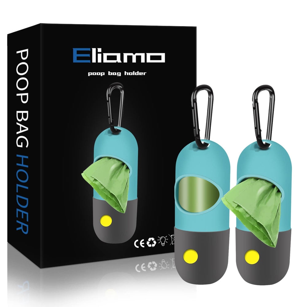 Eliamo poop bag dispenser with LED flashlight delivers night-time visibility for quick pickups.