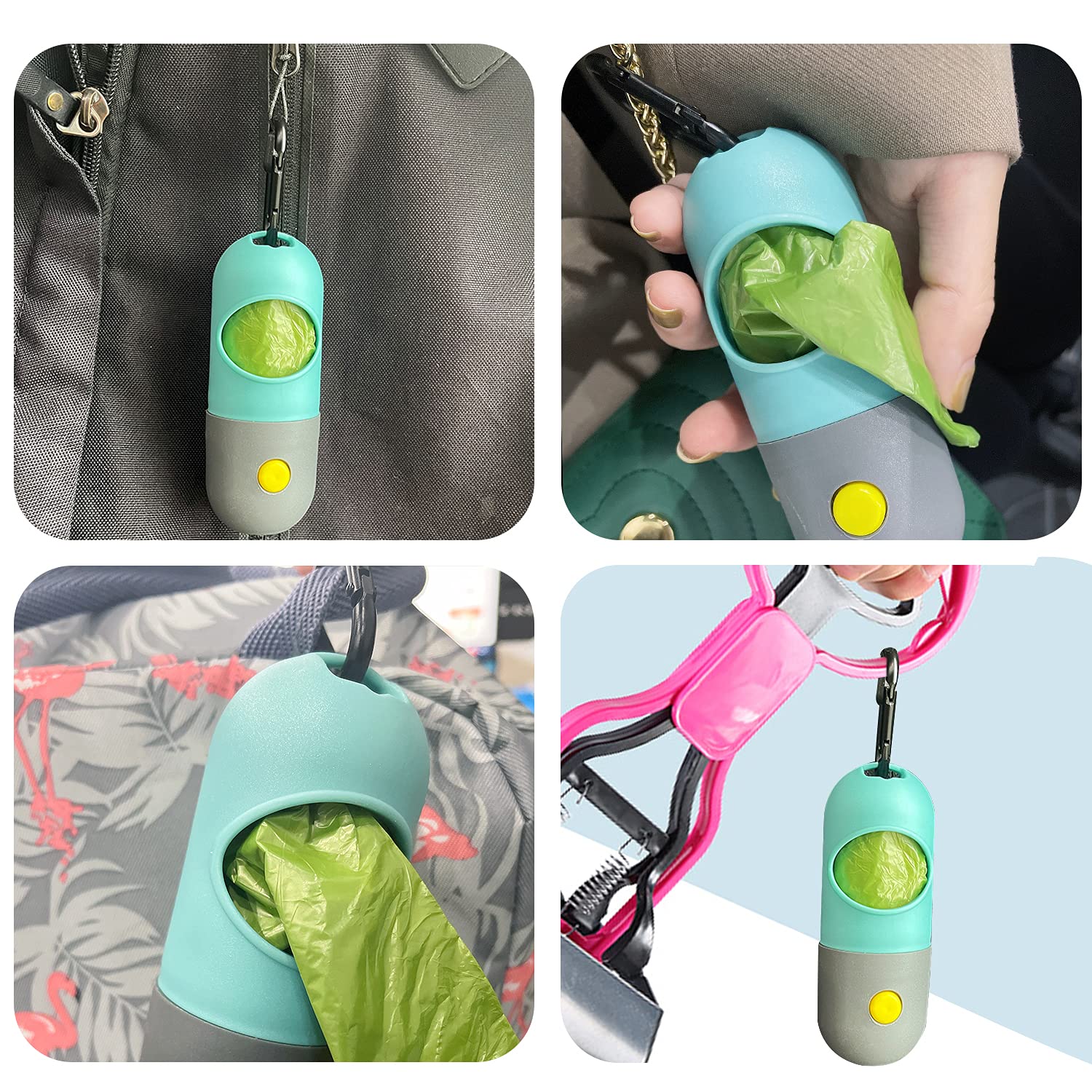 Eliamo two-pack dispensers with carabiners for easy leash access during walks.