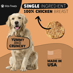 Elite Treats Chicken Chips closeup highlights 100% chicken breast purity.