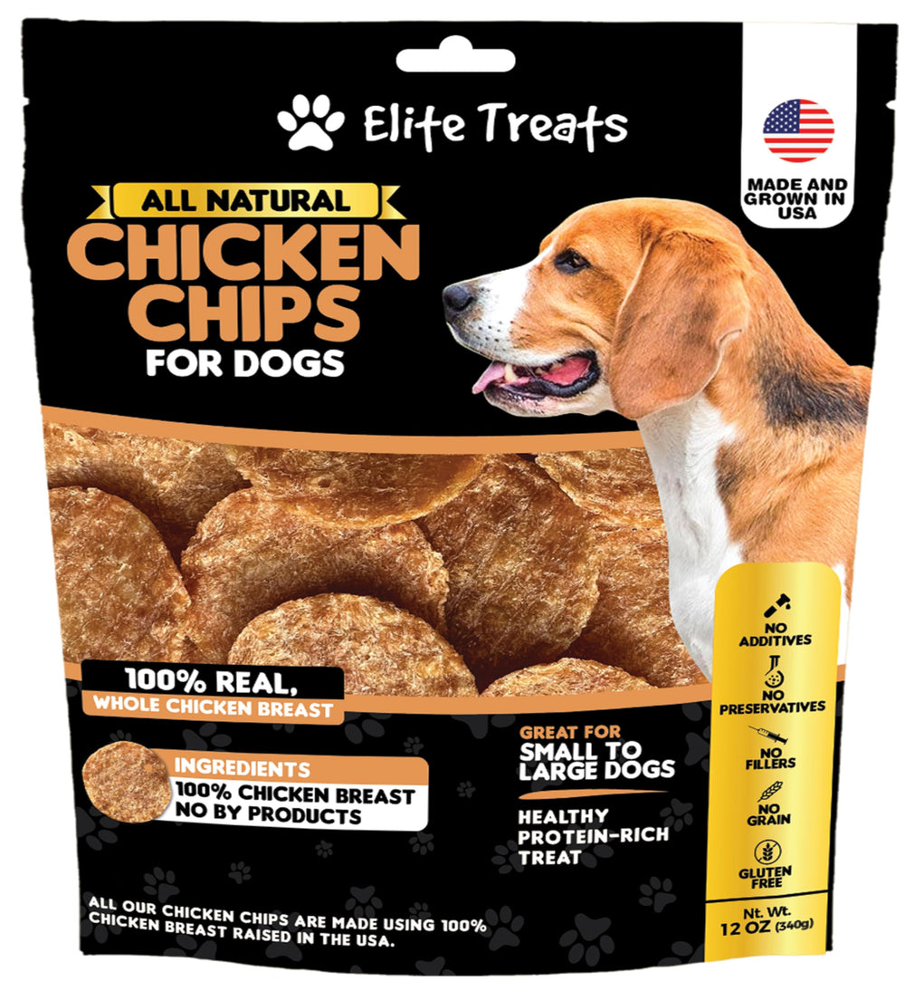 Elite Treats Chicken Chips 12 oz bottle for on-the-go rewards.