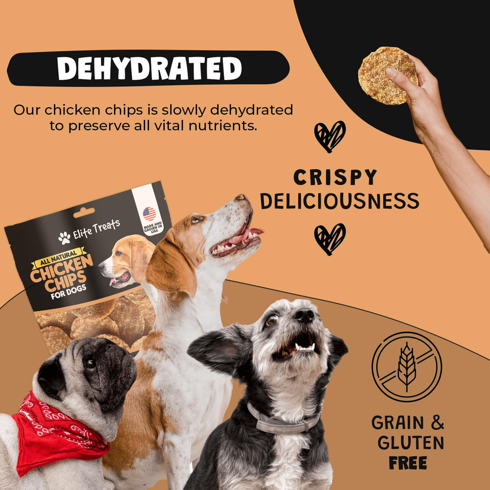 Elite Treats Chicken Chips dog training image shows tasty motivation.