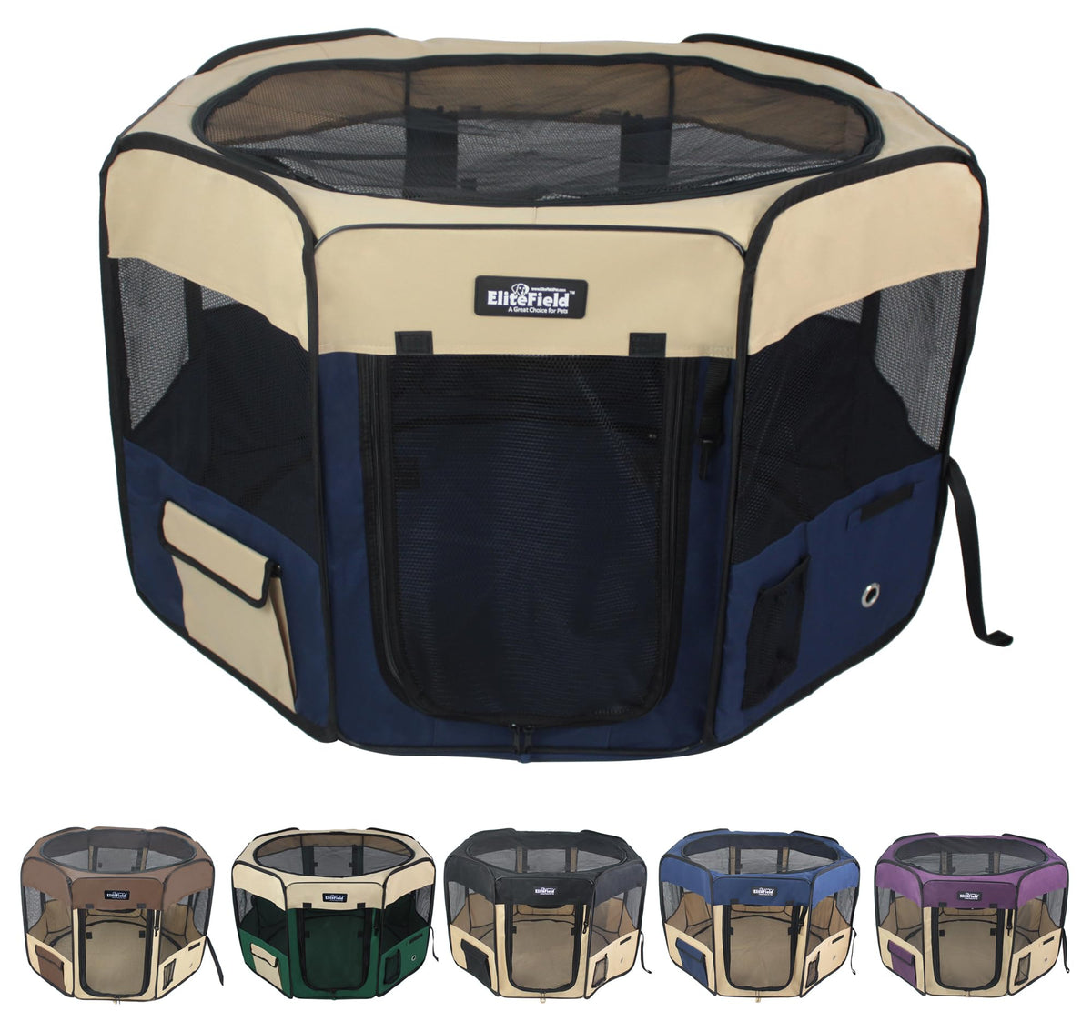 EliteField 2-Door Soft Pet Playpen assembled offers easy access and ventilation.