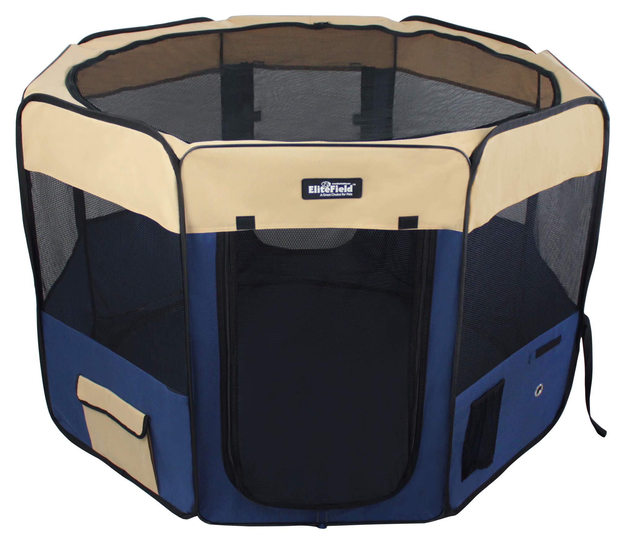 EliteField 2-Door Soft Pet Playpen front doors provide easy access and breathable ventilation.