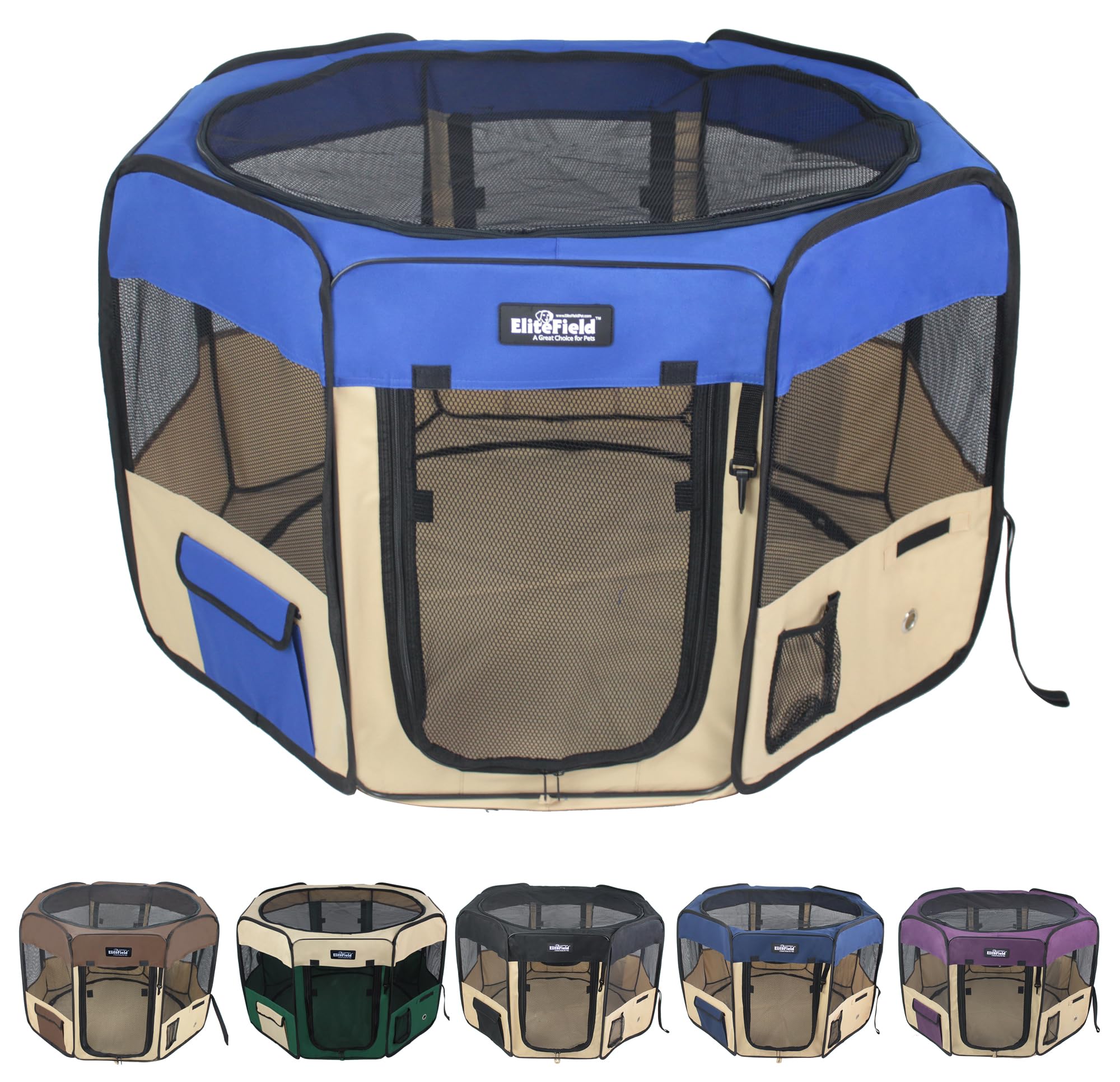 EliteField 2-Door Soft Pet Playpen front view in royal blue and beige for easy indoor setup.